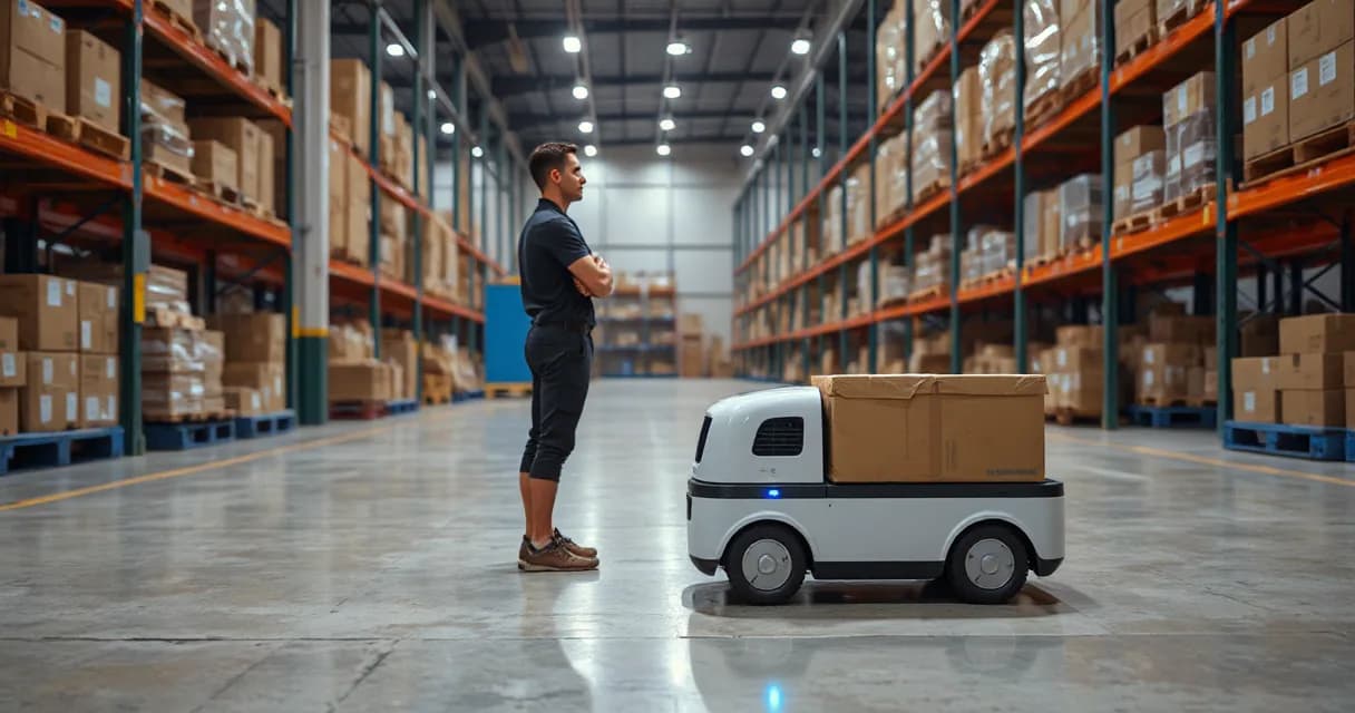 A technician observes a mobile warehouse robot collecting, scanning, and delivering an unmarked parcel in a real warehouse setting, symbolizing advanced AI technology in logistics operations.