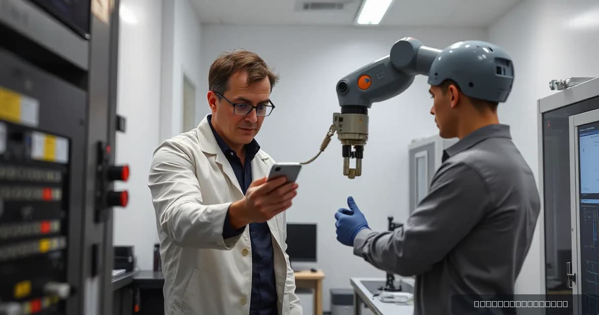 An engineer in a lab coat installs an accelerator card while a technician tests it on a robotic arm in a modern laboratory setting.