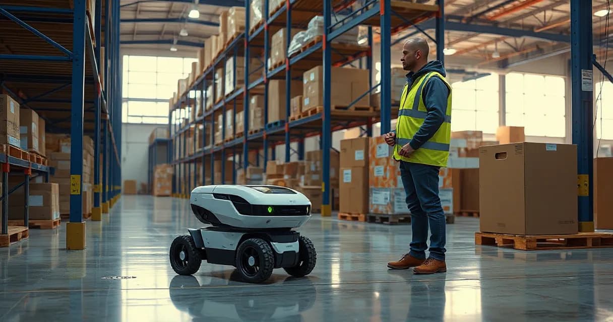 A mobile warehouse robot operates autonomously within a large industrial warehouse, collecting and delivering an unmarked parcel while being observed by a technician wearing safety gear.