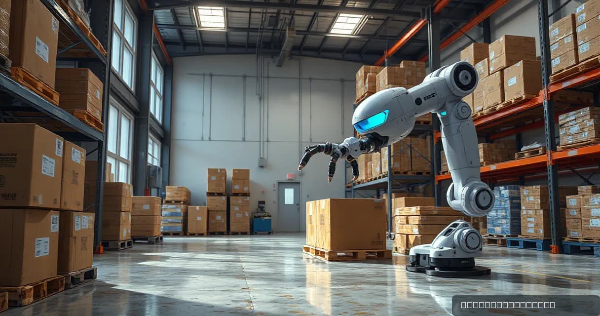 An autonomous warehouse robot sorts unmarked parcels in a spacious industrial setting with precise mechanical arm calibration and observation of final verified handoff by an operations service arm.