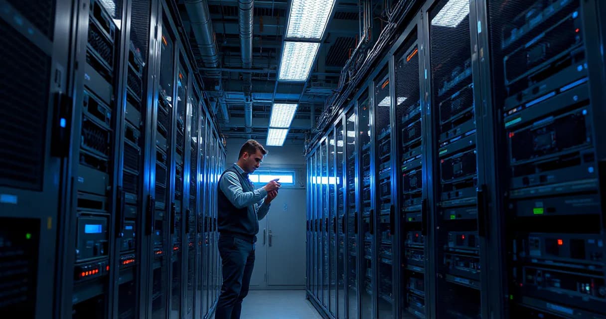 A technician in a data center environment is shown interacting with server racks, symbolizing the safe deployment of artificial intelligence technologies by OpenAI, as certified under FedRAMP Moderate. The scene captures the meticulous process within a secure and active server room setting.