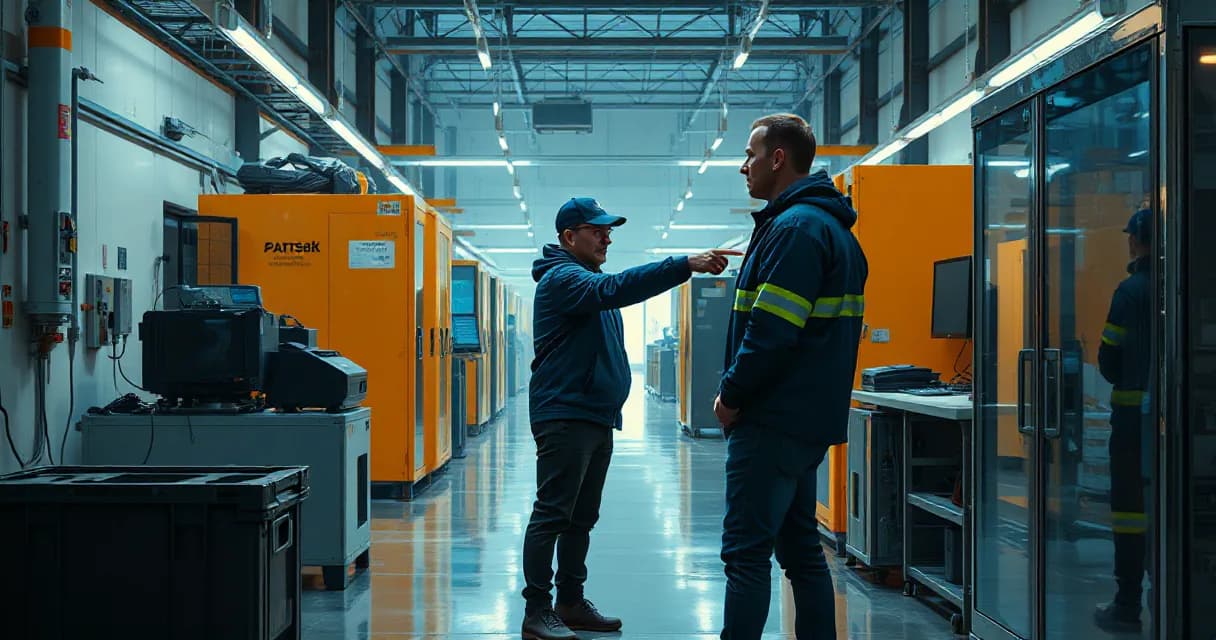 Two employees in a factory setting, one pointing at another as they practice a production task, with industrial equipment lining both sides of the corridor. The scene is illuminated by late-afternoon light, creating a strong silhouette effect and realistic surfaces.