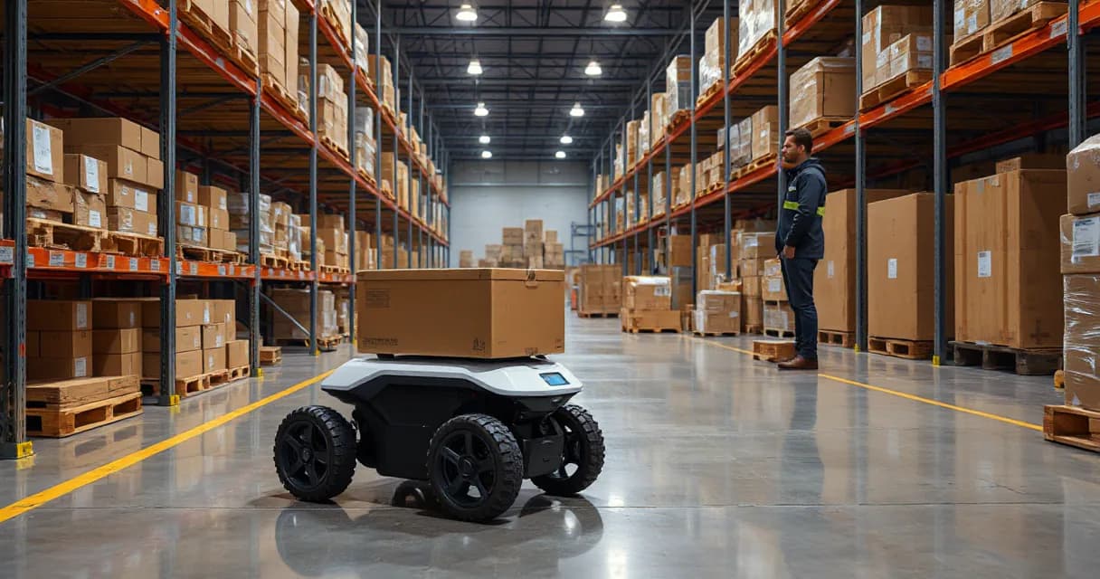A mobile warehouse robot is collecting, scanning, and delivering an unmarked parcel while a technician observes the completed multi-step task in a wide, well-lit warehouse setting. The scene uses a mineral white palette with deep ink accents for a modern, industrial look.