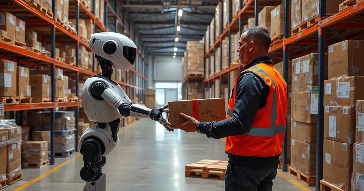 An autonomous warehouse robot interacts with a human technician in a working warehouse setting, symbolizing advancements in AI technology for corporate programming tasks.