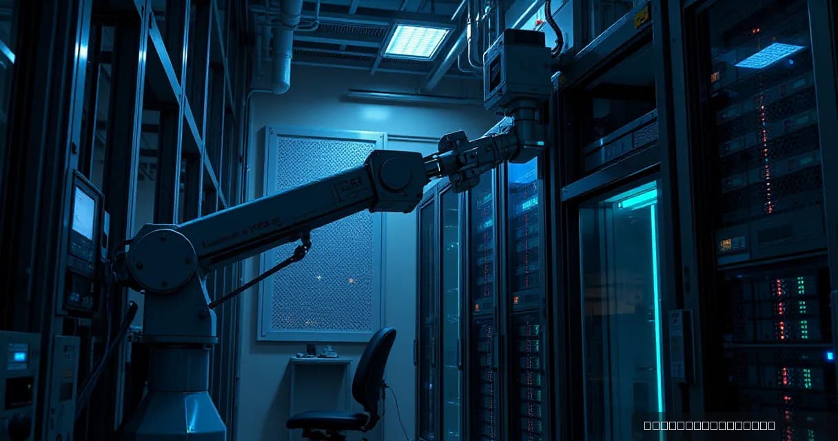 A mechanical service arm replaces server units in a precision facility as an calibration mechanism tests the updated machine under early-morning side light with atmospheric depth and an exposed focal subject.