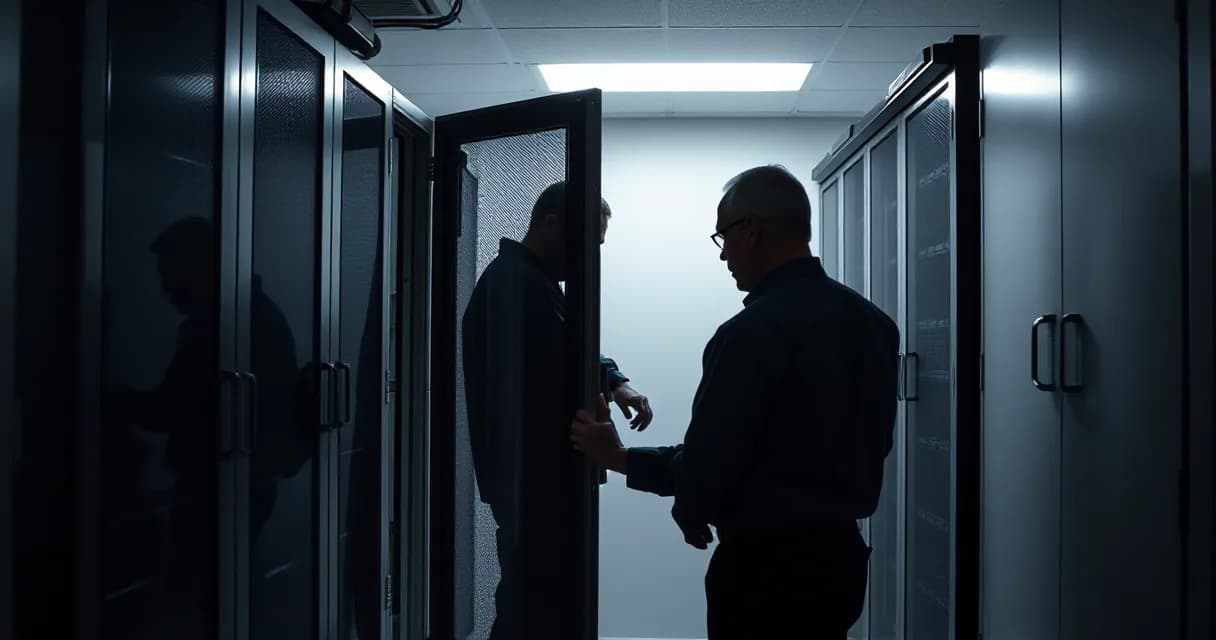 Two technicians in a dimly lit data center are seen in silhouette as they work on server racks. One technician is reaching into an open cabinet to disconnect a cable while the other stands nearby, both framed against a bright backlight that highlights their forms and the industrial structure of the
