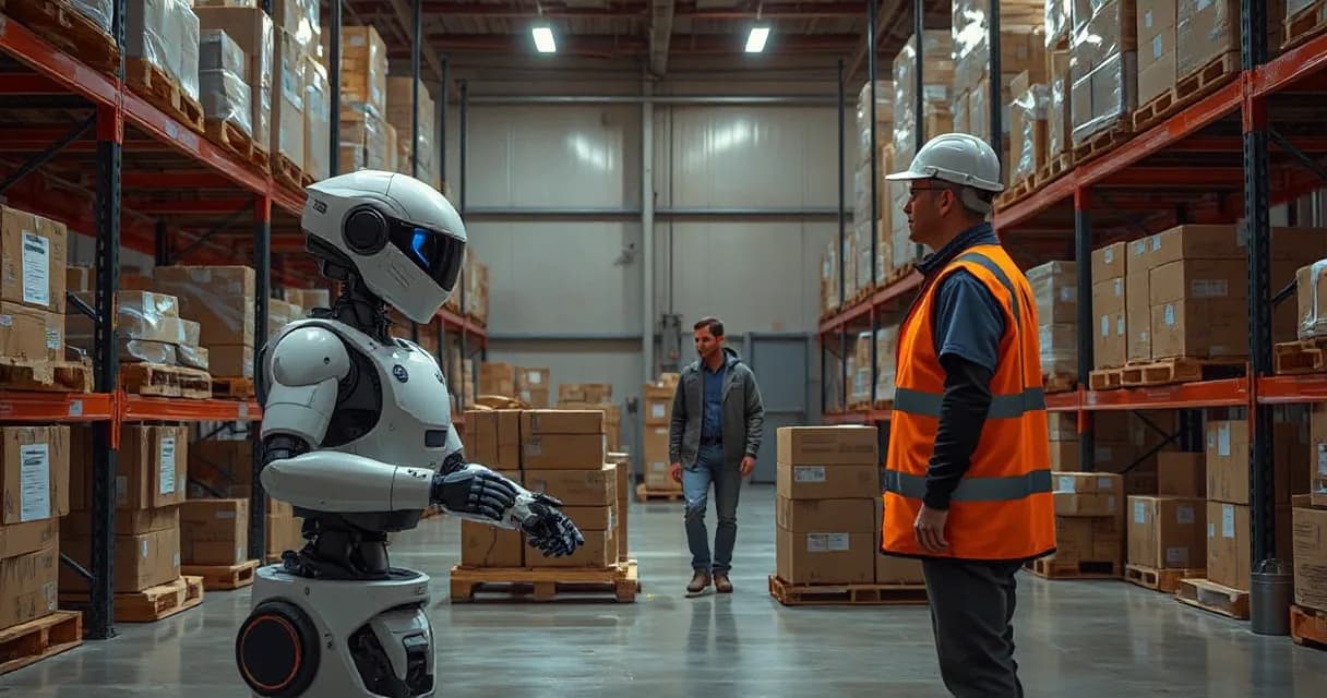 An autonomous warehouse robot sorts unmarked parcels in a working warehouse while an operations technician observes the final verified handoff.