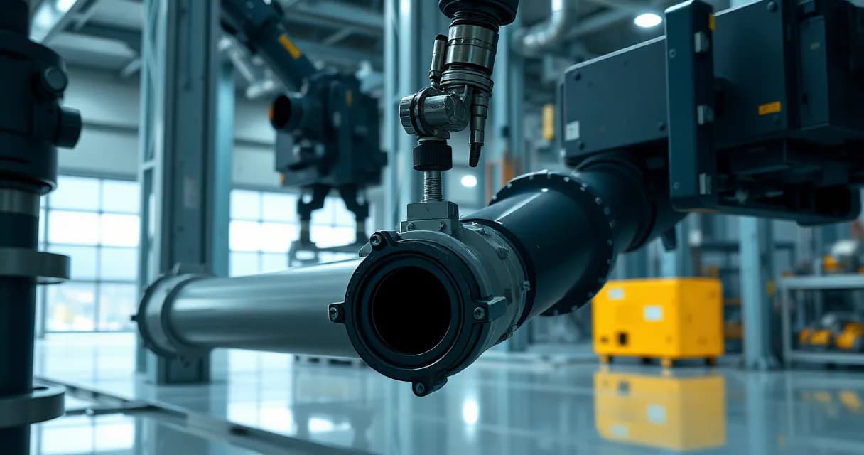 A close-up of two mechanical service arms connecting a broad matte cooling pipe in an industrial setting, symbolizing AI influence through technical metaphor.