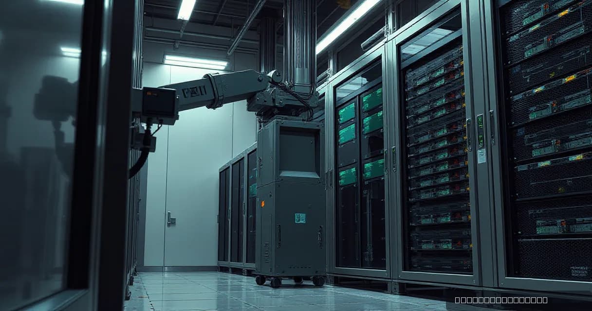 A mechanical service arm replaces one server unit in a precision facility while calibration mechanisms test the updated machine. The scene is set within a clean industrial environment using fog grey, deep teal, paper white, and low-saturation lime accents to create a contemporary editorial close-up.