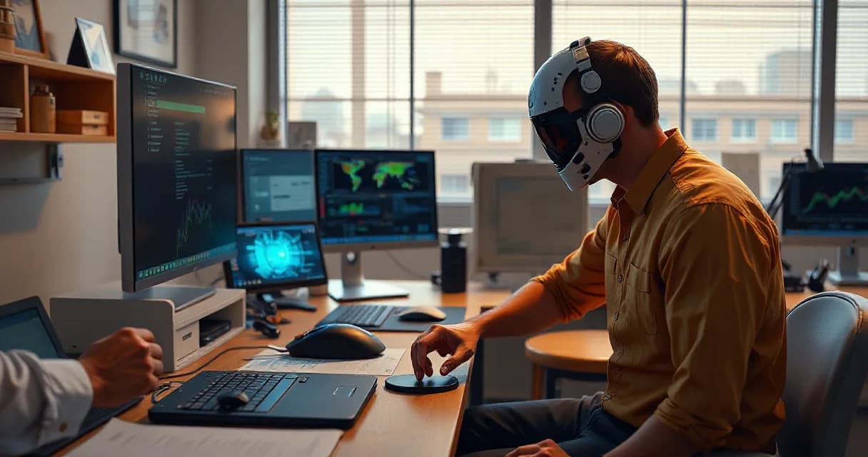 A person wearing a futuristic helmet interacts with an AI assistant using a mouse in a modern office setting filled with multiple computer screens displaying various data visualizations.