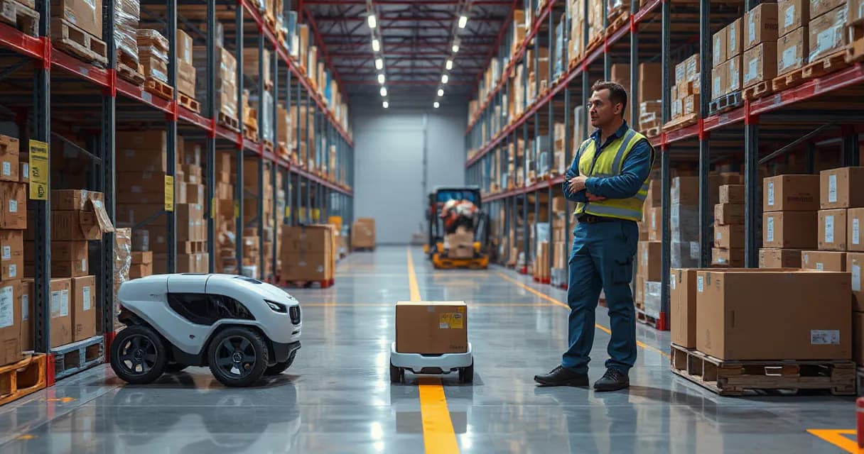 A mobile warehouse robot collects, scans, and delivers one unmarked parcel while being observed by a technician in a real warehouse setting.
