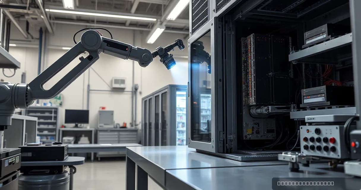 A mechanical service arm installs an accelerator card into a relay cabinet in a precision facility laboratory, with a calibration mechanism testing the upgraded machine under realistic load. The scene is set against a backdrop of mineral white walls and electric blue lighting, emphasizing technical