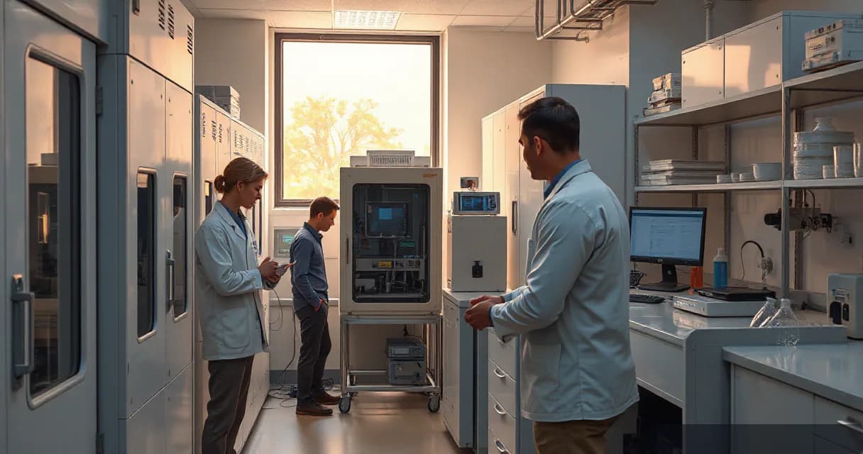 Three researchers in lab coats are engaged in an AI software development project within a modern laboratory setting. One technician is replacing a test unit while another checks the updated machine at an open bench. The scene is illuminated by early-morning light, highlighting their focused and meth