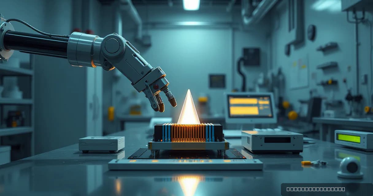 A mechanical service arm interacts with an accelerator card in a hardware laboratory, symbolizing the convergence of capital flows into AI development. The silicon-prism motif represents this convergence, set against a calm, early-morning side-lit backdrop.