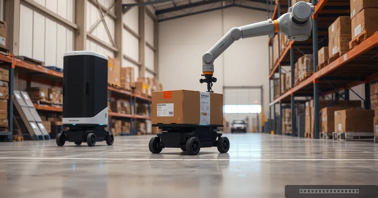 A mobile warehouse robot collects and delivers an unmarked parcel under observation by a mechanical service arm within a spacious industrial setting.