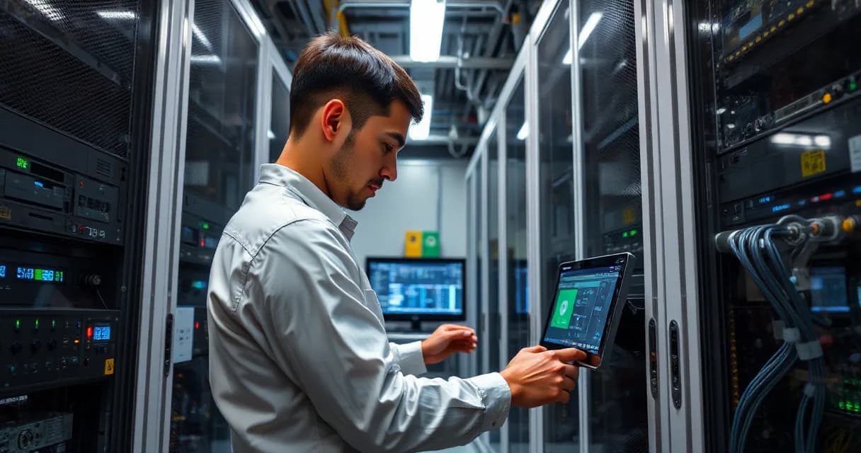 A technician in a data center uses a tablet to test an updated machine while other server racks remain active in the background.