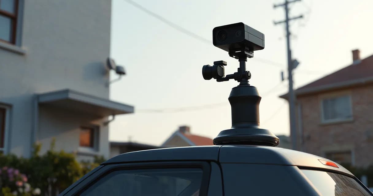 A mapping vehicle with a roof-mounted camera rig captures softly blurred buildings in a quiet neighborhood under natural light.
