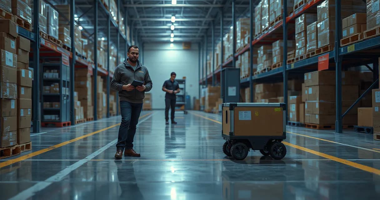 A technician observes as an autonomous mobile robot collects, scans, and delivers a parcel in a modern warehouse setting under cool ambient lighting.
