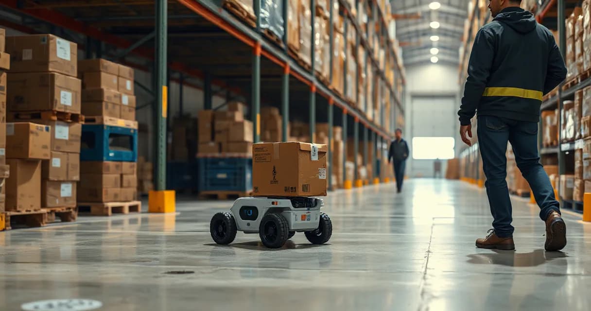 A mobile warehouse robot carrying a parcel in an industrial warehouse setting while a technician observes from behind.
