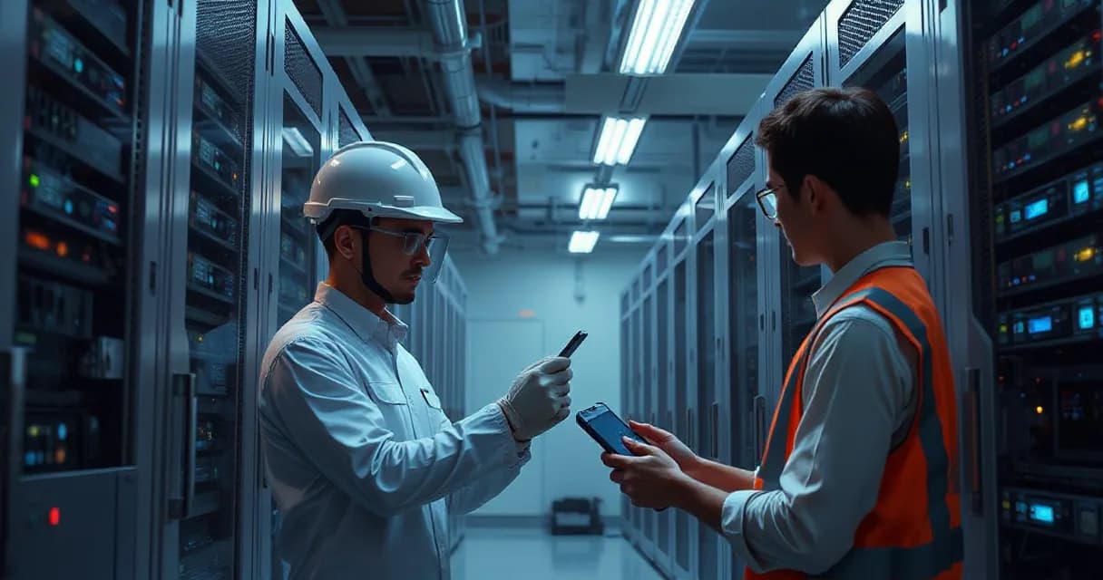 Two individuals are engaged in testing an updated server unit within a data center, surrounded by active server racks. One person wears a white helmet and gloves while holding a device, indicating maintenance or testing activities. The other individual, wearing a high-visibility vest, holds another