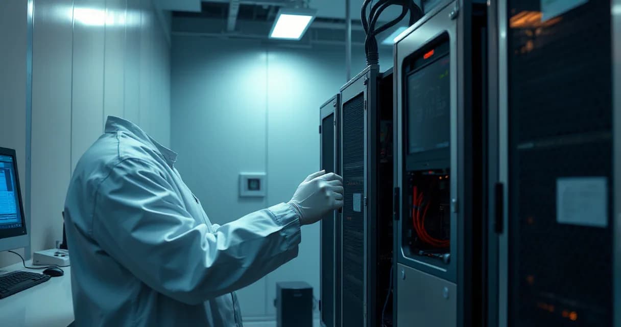 A technician in a lab coat works on an open server rack, replacing hardware components while calibrating cooling units. The setting suggests advanced computing infrastructure maintenance for AI model deployment.