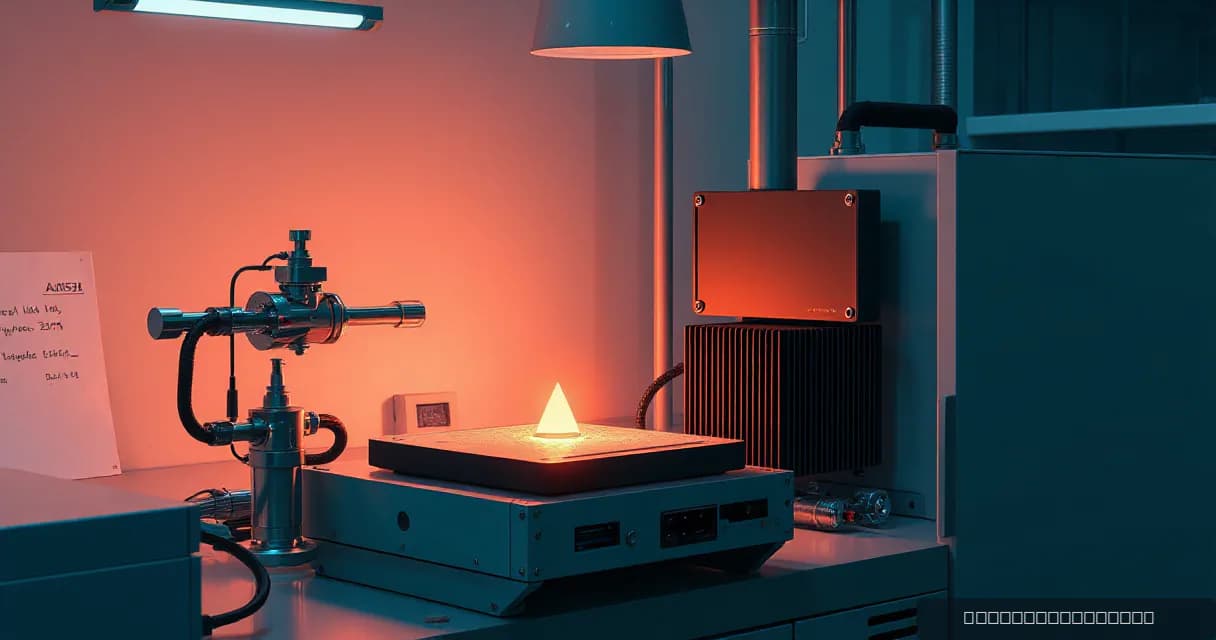 An AI laboratory scene where two calibration mechanisms test an accelerator card in an open machine while a cooling unit runs beside it. A sharp prism of light on a precision workbench symbolizes the focus and precision required for such tests, set against late-afternoon light with a warm-cool split