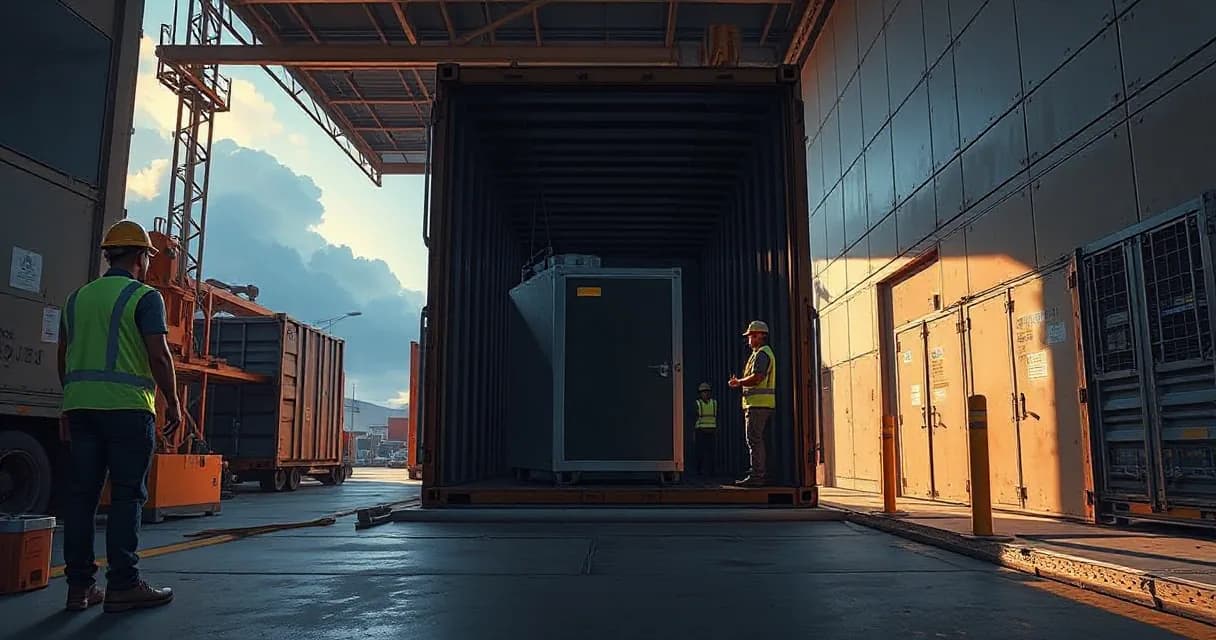 Two engineering crews in high-visibility vests transfer an unmarked computing cabinet into a data center at a working loading dock under early-morning side light.