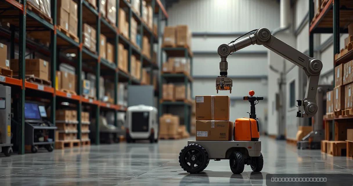 A mobile warehouse robot collects, scans, and delivers one unmarked parcel while a mechanical service arm observes the completed multi-step task in a real warehouse floor setting.