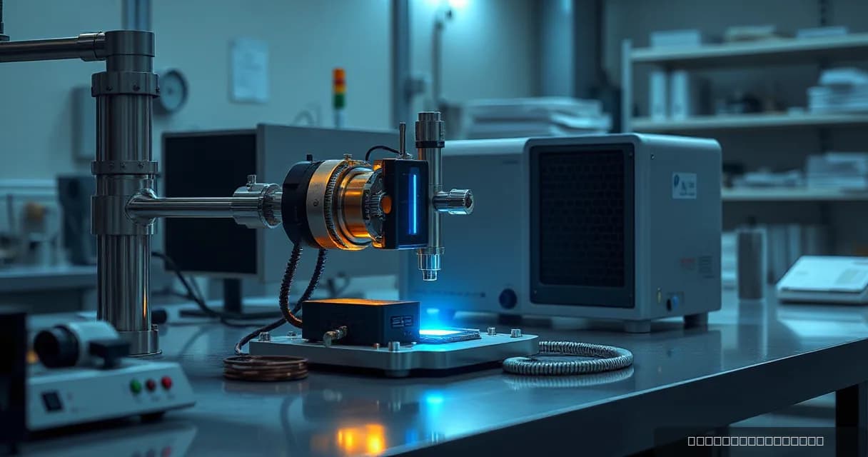 An AI laboratory setup featuring two calibration mechanisms testing an accelerator card in a machine while a cooling unit runs beside. The scene uses a silicon-prism metaphor to symbolize high-quality data processing, with soft silver, midnight navy, cool mint, and vivid cobalt colors enhancing the