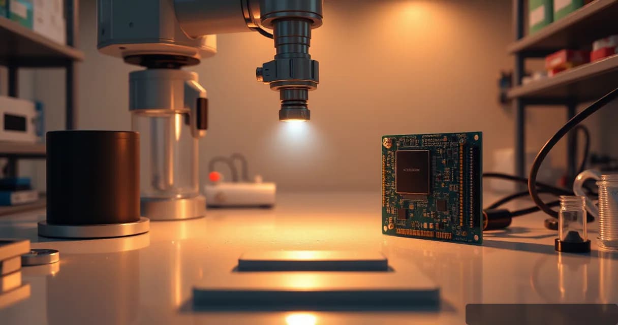 A robotic arm is precisely positioning an accelerator card onto a circuit board in a laboratory setting. The scene is illuminated by warm, late-afternoon light, emphasizing the precision and technological advancement of AI software development.