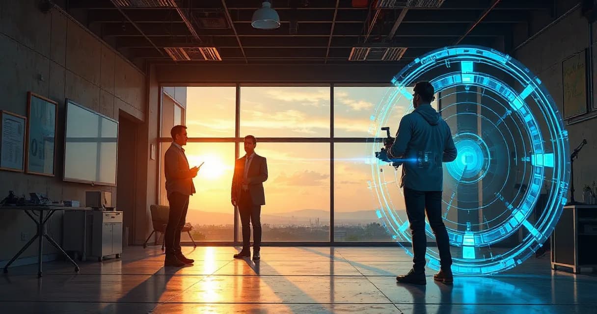 Two individuals are engaged in a customer conversation within a technical training room, while another person observes their posture. A futuristic circular interface is being interacted with by an individual on the right side of the frame, symbolizing advanced technology and learning.