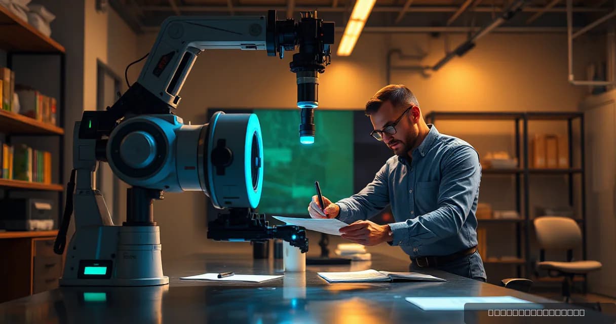 A man is working in a dimly lit room with late-afternoon lighting, focusing on a sophisticated robotic arm equipped with an advanced optical instrument. He holds a document while the machine appears to be analyzing or calibrating something, symbolizing AI software development and training processes.