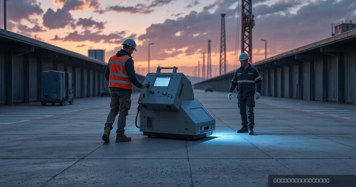 Two technical crews at an infrastructure facility transfer specialized equipment under a sunset sky, symbolizing the integration of advanced AI technology into military defense systems.