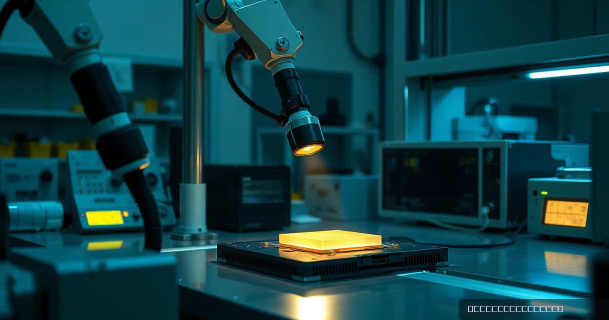 A mechanical service arm interacts with an accelerator card in a hardware laboratory setting, symbolizing advanced AI technology development. A silicon prism metaphor is used to represent cutting-edge computing infrastructure.
