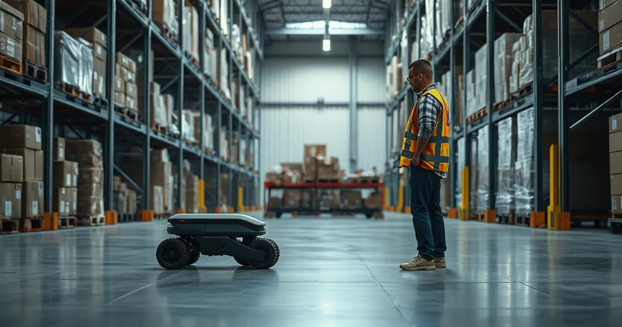 A wide-angle shot of a modern warehouse where a small, sleek autonomous robot sits in the foreground while a technician in high-visibility gear stands nearby, illustrating the integration of AI and automation in logistics.