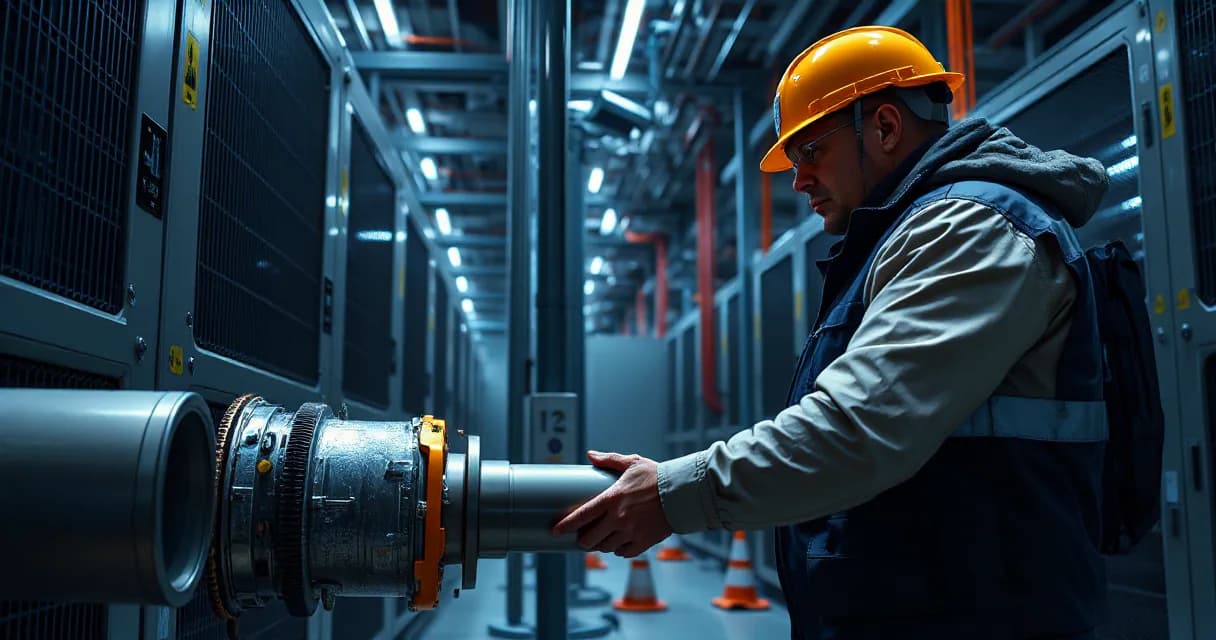 Two technicians connect a cooling pipe in an active data center construction site while a site engineer inspects the completed joint from a close side view.