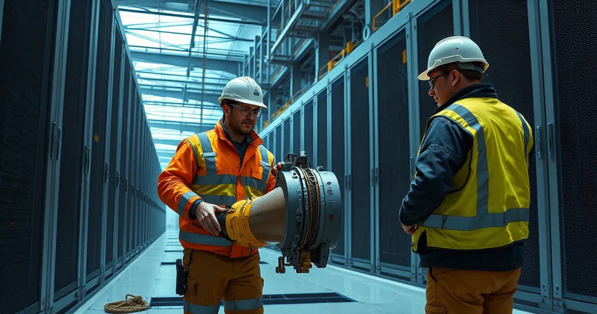 Two technicians wearing safety gear work together at a data center construction site, connecting cooling pipes in an industrial setting.