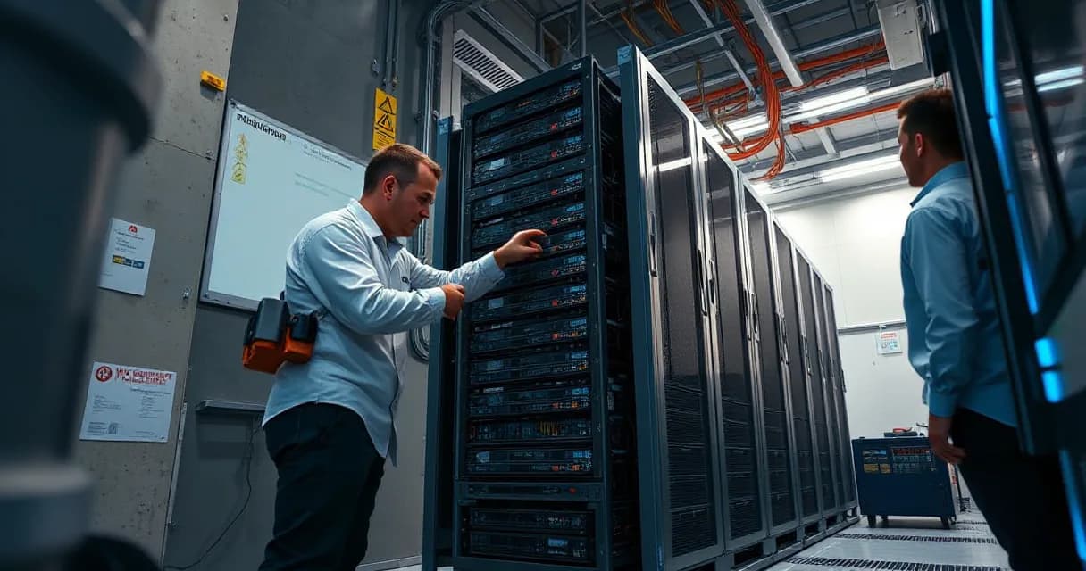 Two technicians are working in a data center laboratory; one is installing accelerator cards into a server rack while the other tests the upgraded machine under realistic load, symbolizing AI software development and technology evolution.