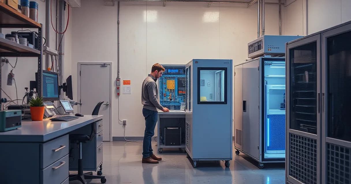 Two engineers are testing an accelerator card within an AI laboratory setup, surrounded by technical equipment and cooling units, symbolizing the process of transferring human experience to machines through digital means.