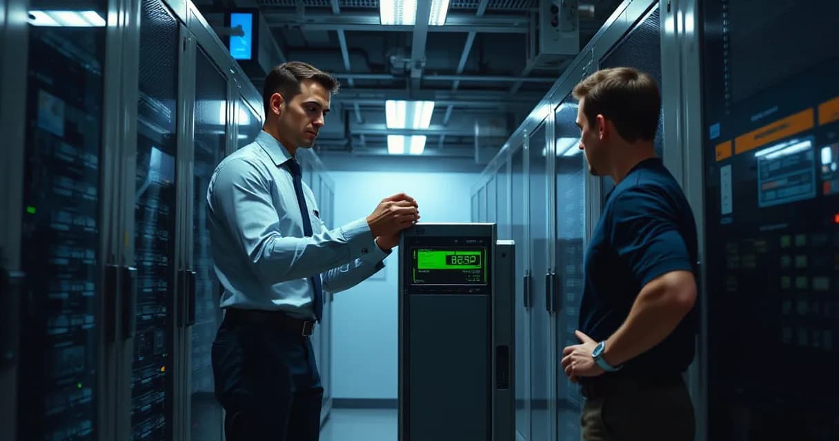 Two individuals are engaged in server maintenance inside a data center, focusing on replacing one unit while another tests it, symbolizing technological advancement and digital process optimization.