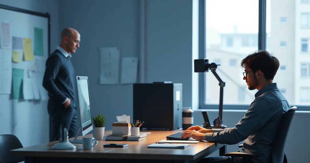 A close-up view of an employee testing a mouse-driven assistant at their desk while an engineer calibrates a small tracking camera beside them. The setting is a quiet workplace with ambient cool lighting and warm practical accents.
