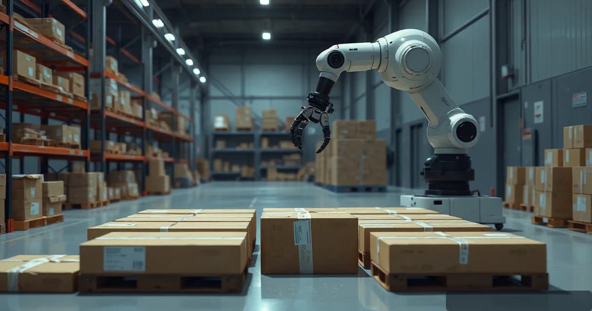 A robotic arm sorts unmarked parcels in an industrial warehouse environment, emphasizing precision and automation within a real-world setting.