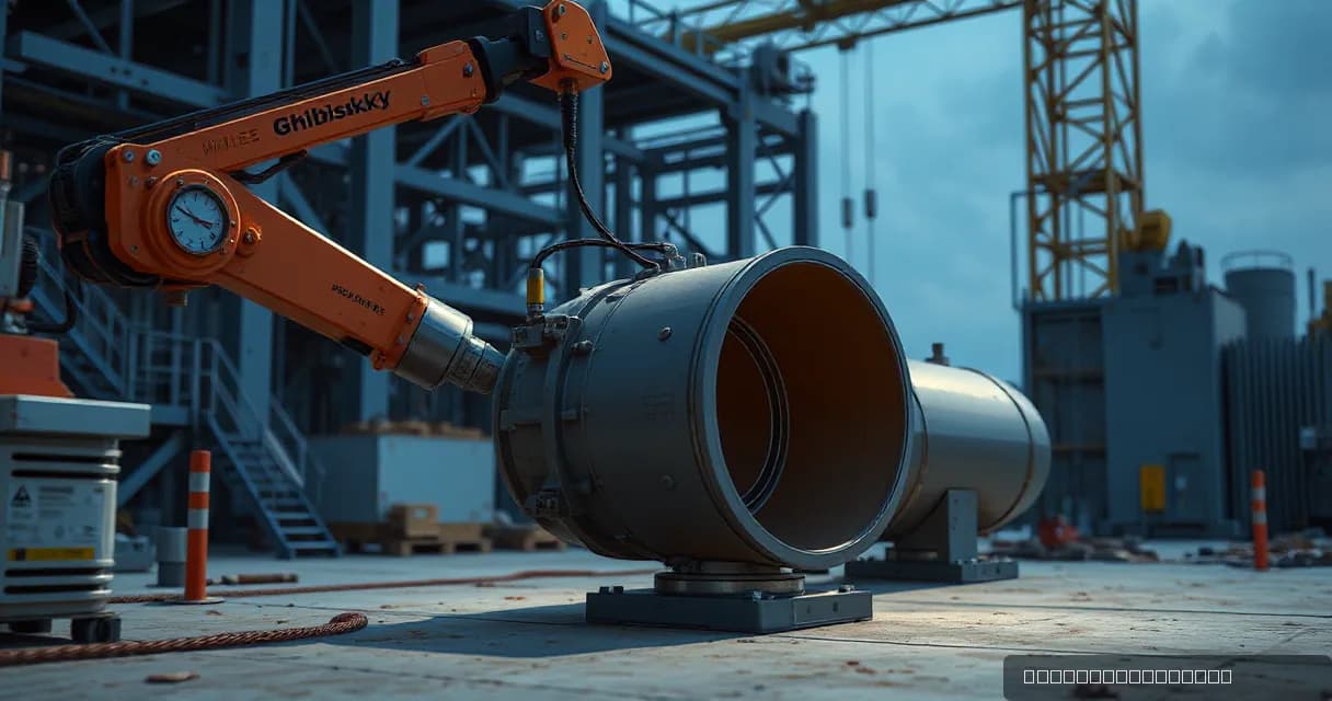 A robotic arm labeled 'Ghibisukky' connects a large matte cooling pipe at a construction site, symbolizing advanced artificial intelligence in precision engineering.