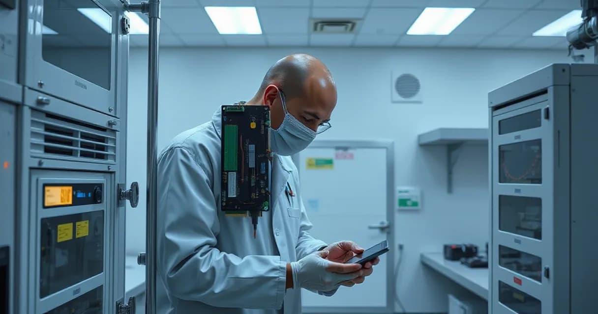 A technician in a laboratory environment replaces an accelerator card while calibrating its cooling unit. The scene uses real equipment to show the before-and-after relationship through shared space, emphasizing the technological development of AI software.