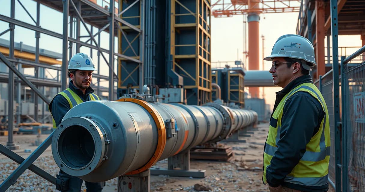 Two technicians wearing safety vests and hard hats connect a large matte cooling pipe at an active data center construction site under early morning side light.