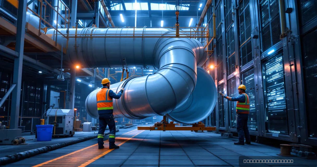 Two technicians in safety gear guide a large cooling duct into place at an active data center construction site under industrial lighting.