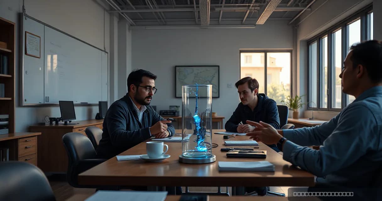 A group of individuals are engaged in an AI-driven educational session at a shared table within a modern office space. A glowing blue light emanates from a cylindrical device on the table, symbolizing advanced technology influencing learning materials. The scene is bathed in natural light, emphasizi