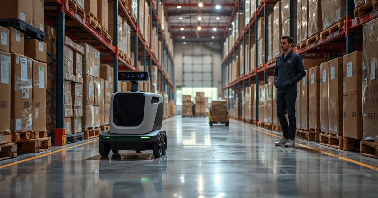 A warehouse scene featuring a mobile robot collecting, scanning, and delivering an unmarked parcel while being observed by a technician. The setting is realistic with no text or branding visible.