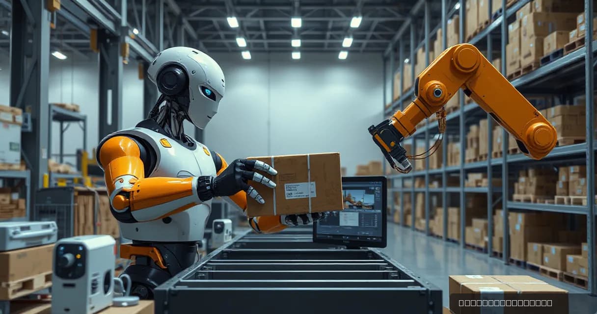 An autonomous warehouse robot sorts unmarked parcels through physical checks while a mechanical service arm observes the final verified handoff in a modern warehouse setting.