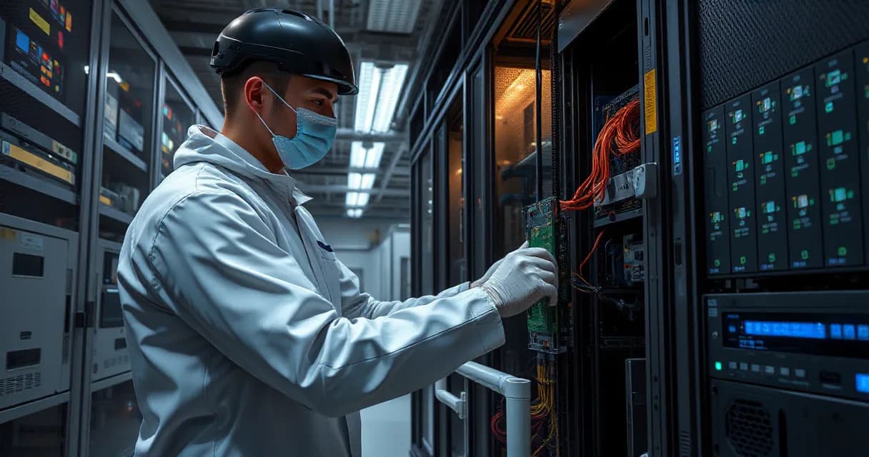 A technician in a white lab coat and protective gear installs an accelerator card into a server rack within a data center laboratory. The environment is detailed with realistic equipment and subdued lighting, emphasizing the precision of AI software development and central monitoring systems.
